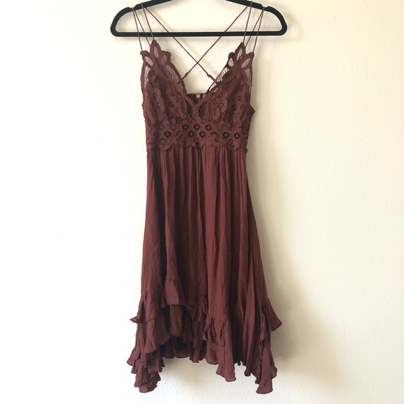 Free People One Adella Slip Mini Dress Mocha Lace Ruffle Strappy Boho Flowy S - Picture 2 of 8